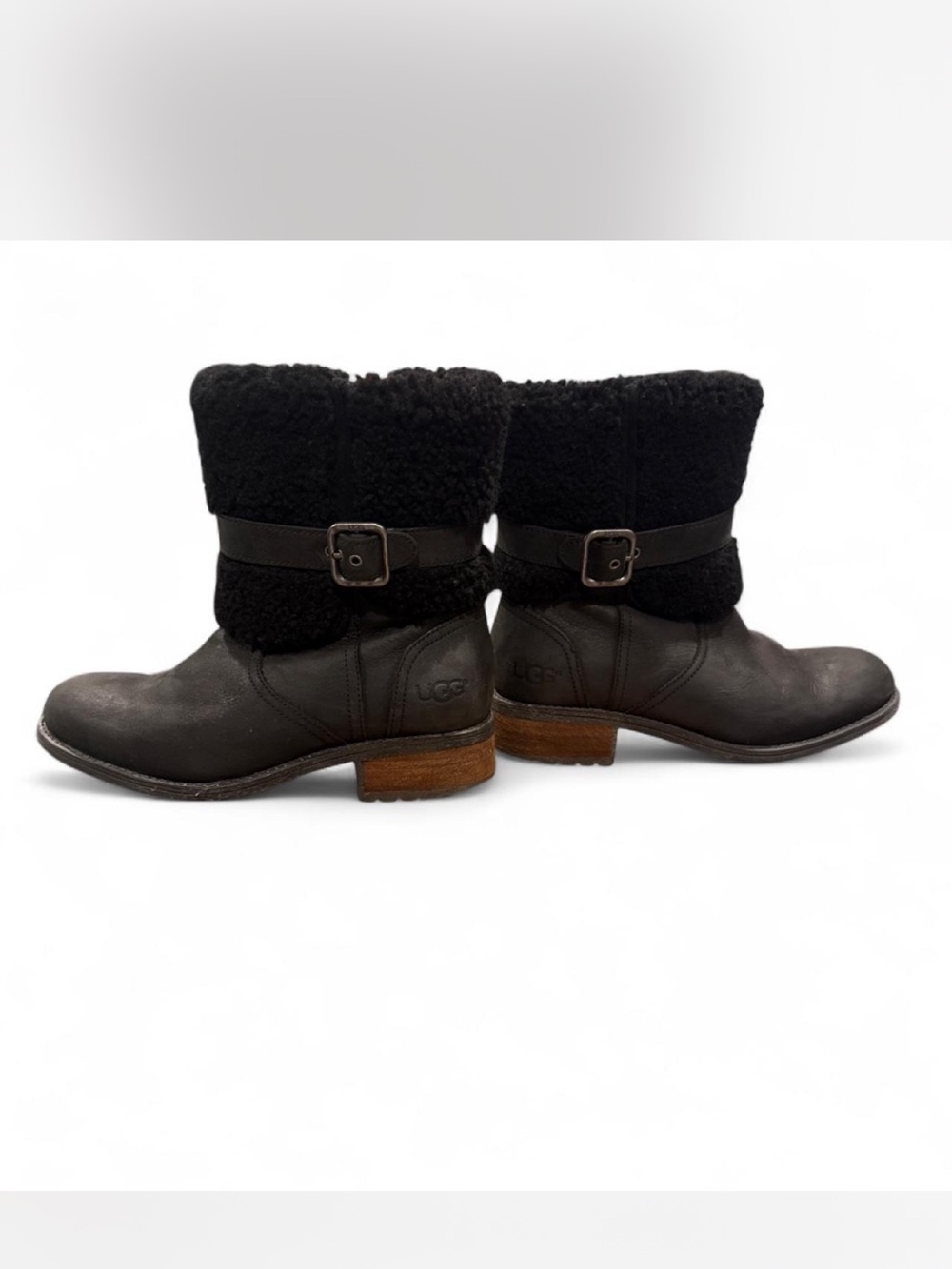 UGG Black Leather Ankle Boots with Shearling Cuff and Buckle